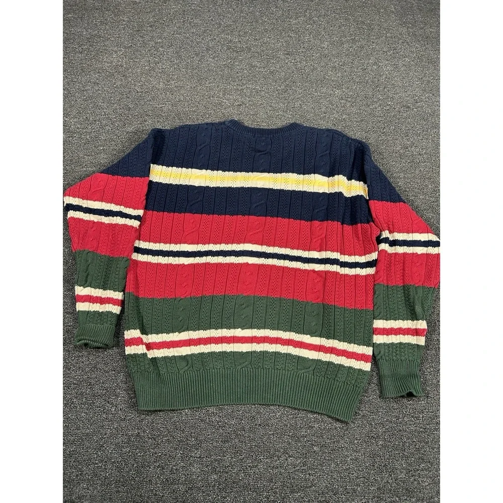 Vintage Nautica Sweater Men Large Cable Knit Rugby Striped‎ Fisherman Preppy Red